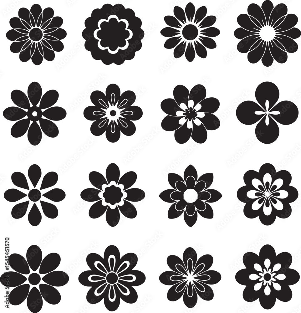 Obraz premium A Charming Collection of Black and White Floral Vector Illustrations Showcasing Diverse Petal Designs and Styles for Creative Projects