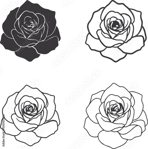 Elegant Floral Arrangement Four Rose Illustrations Displaying Different Black and White Styles, Suitable for Decoration and Botanical Themes