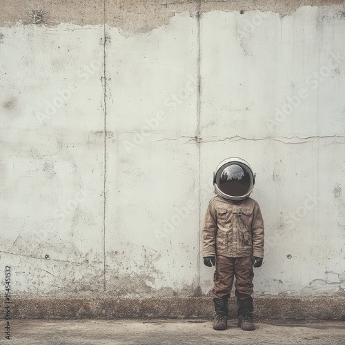 Unique astronaut standing against a concrete wall