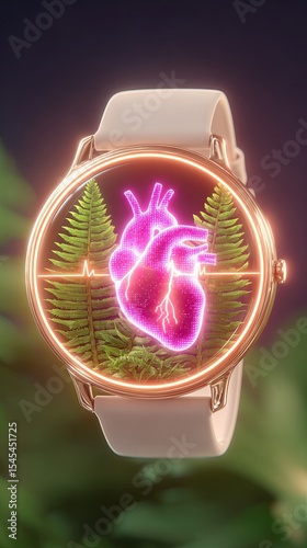 Daily heart habits, Futuristic watch displaying glowing heart graphics amidst greenery. Daily habits for a strong heart that promote healthy routines