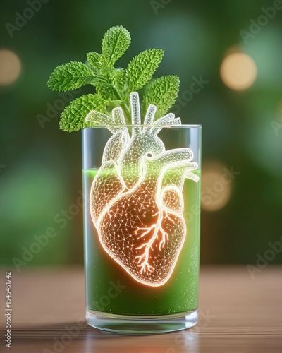 Daily heart habits, Refreshing green beverage with mint and heart design illustration. Daily habits for a strong heart that promote healthy routines