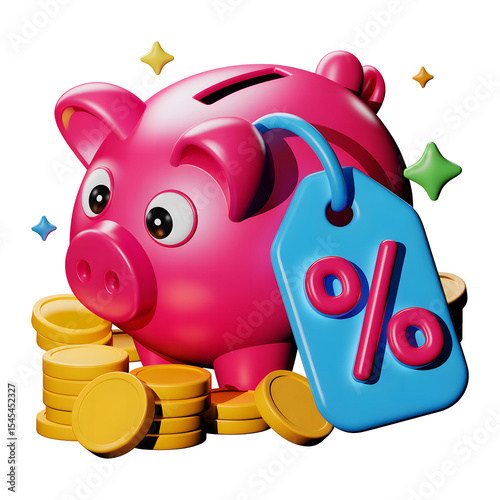 3D Piggy Bank with Coins and Sale Tag . Transparent PNG Financial Promotion Icon