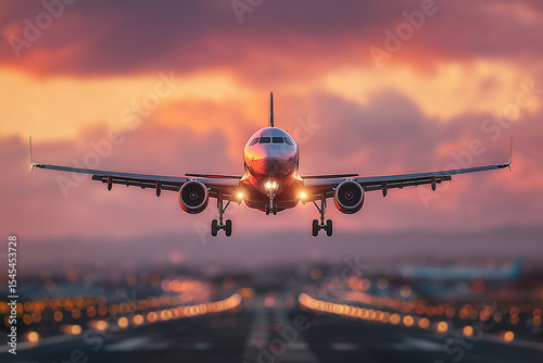 front view of photorealistic passenger plane landing