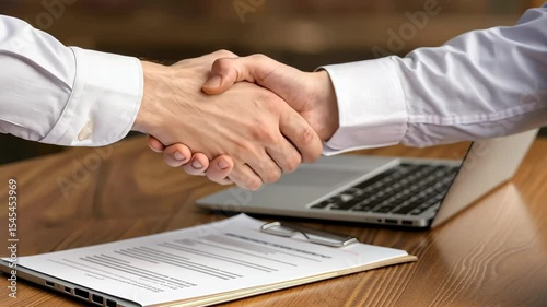 Deal Sealed: An intimate close-up captures the precise moment of a deal agreement, two figures reaching a binding agreement, symbolized by a firm handshake. 