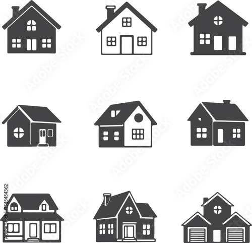 Illustrative Collection of Charming Home Icons Depicting Diverse Architectural Styles and Designs for Real Estate and Housing Concepts