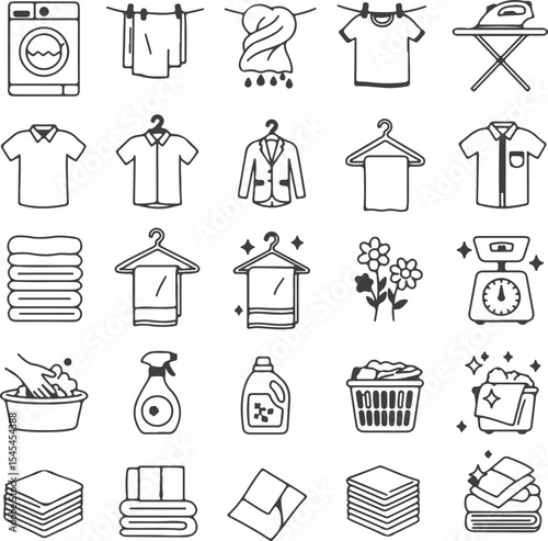Collection of Laundry and Cleaning Icons Representing Washing, Drying, Ironing, and Folding Clothes with Various Laundry Related Objects
