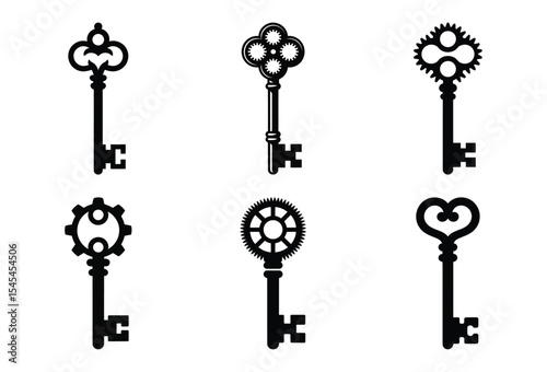 Six antique key silhouettes isolated on white background