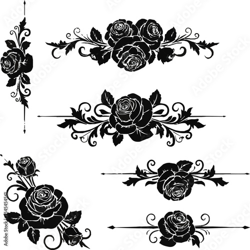 Elegant Floral Ornamentation Black and White Design Featuring Roses, Leaves, and Swirls for Decoration and Creative Projects