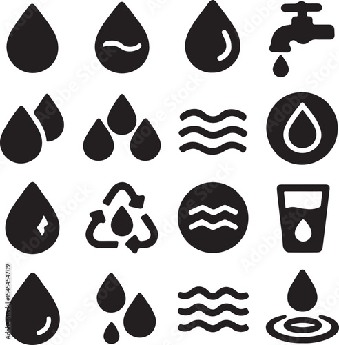 Collection of Water-Related Icons Showcasing Drops Waves Faucets Recycle Symbol Glass and Rings for Water Conservation Theme