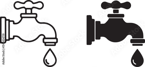 Black and White Illustration of a Faucet with a Dripping Drop of Water Water Conservation and Plumbing Concept