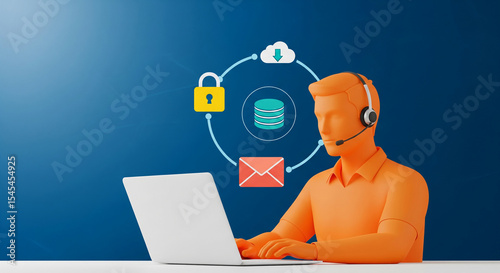Orange 3D figure uses laptop, connected to cloud, database, email, and lock icons, symbolizing secure online communication and data management