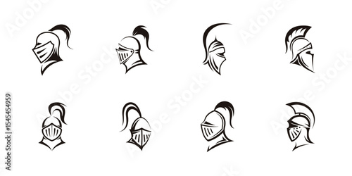 Stylized knight helmet logo icon vector collection, perfect for medieval themes, battle branding, gaming identity, heraldic design, and fantasy illustrations

