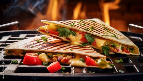 deliciously grilled quesadilla with cheese and vegetables on a hot grill ready to serve and enjoy