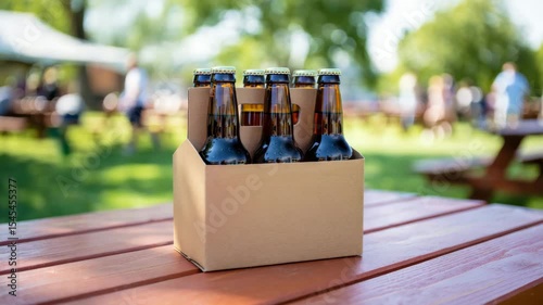 Six-pack of beer bottles on wooden picnic table, outdoor festival setting, International Beer Day celebration, craft brewery showcase, seasonal gathering scene