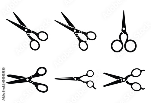 Six types of scissors silhouette isolated on white background