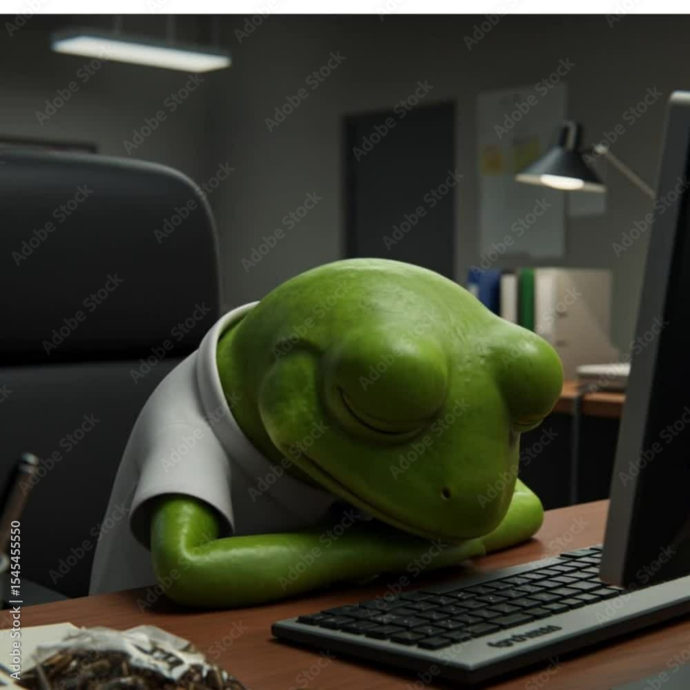 Funny Anthropomorphic Frog in Office Attire Working on a Computer at Night with Realistic Lighting