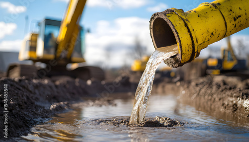 Yellow pipe discharges muddy water into puddle. Construction machinery operates in background under clear blue sky. Dirtied water outflow from construction site