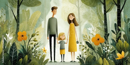 Whimsical Drawing of Parents and Child in Yellow Outfits Surrounded by Leaves and Flowers in a Lush Green Forest

