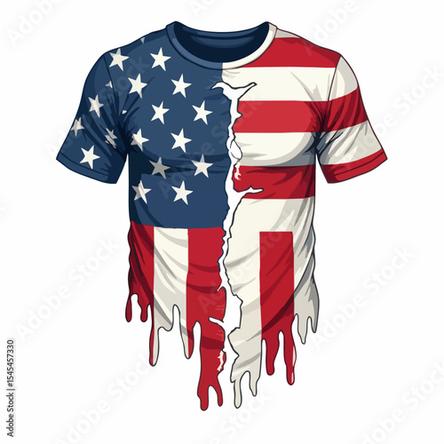 Vector t shirt design with drawing
of torn national flag of usa. 
Fashion t-shirt print. American pattern 
of stars and stripes for textiles, fabric, clothing.