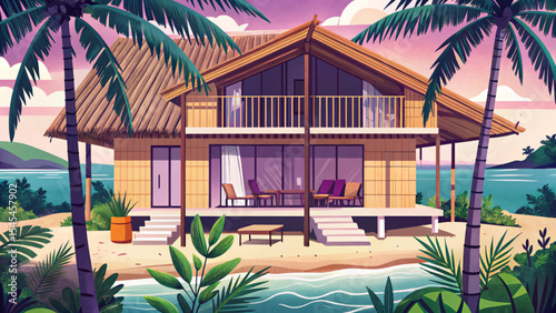 Tropical beach house vector with bamboo walls, open-air layout, and palm surroundings perfect for vacation, eco-living, or island getaway themed projects