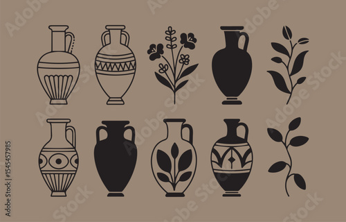 Collection of greek amphorae and decorative plant elements in black and white minimalist style