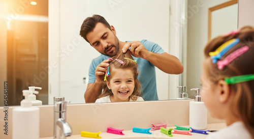 Father's day father styling daughter's hair with colorful clips in bathroom mirror family bonding time cute girl hairstyle