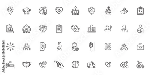 Vector Set of Healthcare Line Icons . Editable Stroke Medical Icons Featuring Health, Treatment, Doctor Visits, Pediatrics, and More for App Interfaces and Infographics