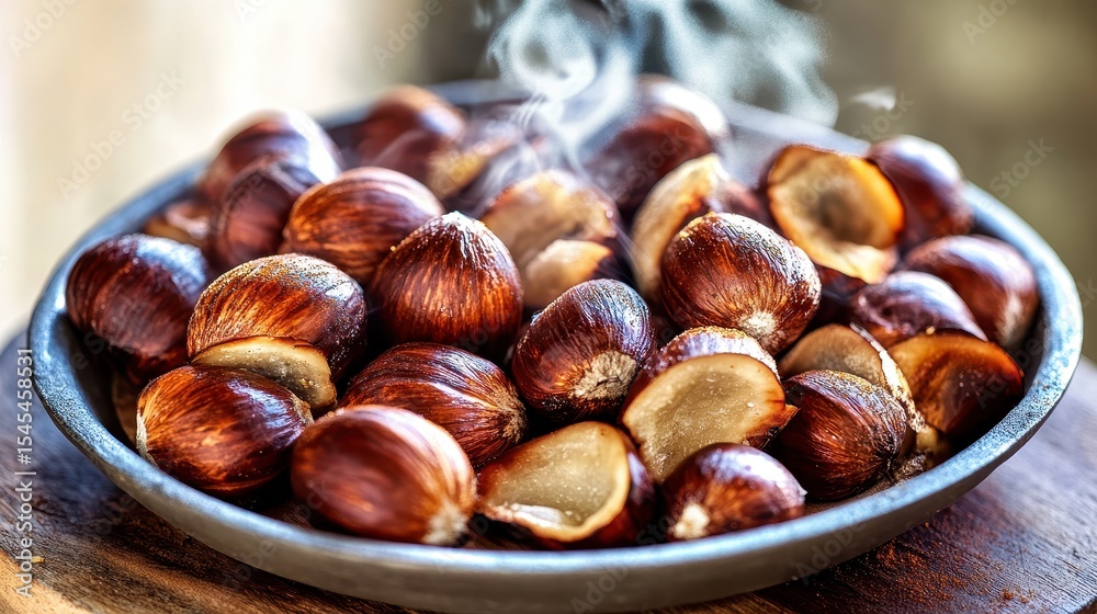 Obraz premium Roasted Chestnuts in Bowl with Steam Rising for Winter Delight