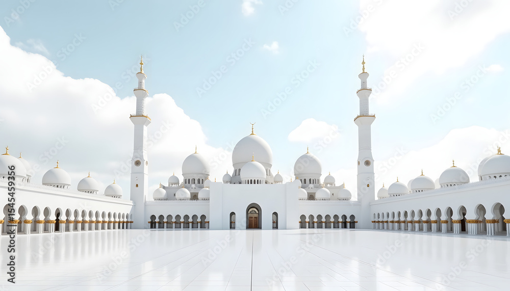 Obraz premium Magnificent White Mosque Islamic Architecture, Golden Domes, Courtyard Serenity