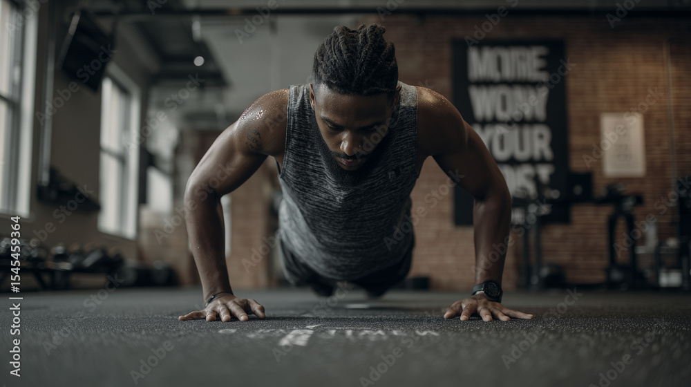 Fototapeta premium Man doing burpees on gym mat with motivational posters around