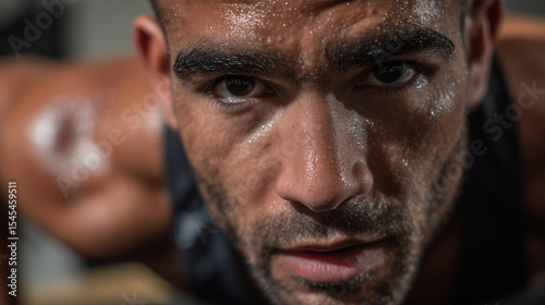 Intense stare of athlete during plank hold at end of Tabata session