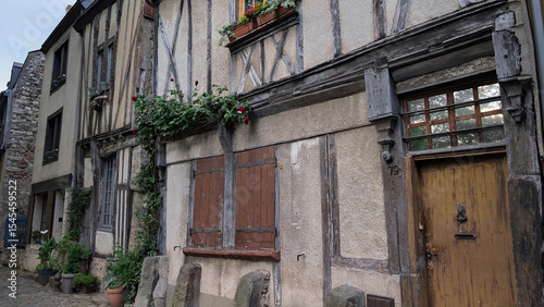 Medieval village in the spring with stone masonry and half-timbered buildings, stylized wooden door surrounds, wooden shutters with metal hinges, lined with a cobblestone road in Le Mans, France