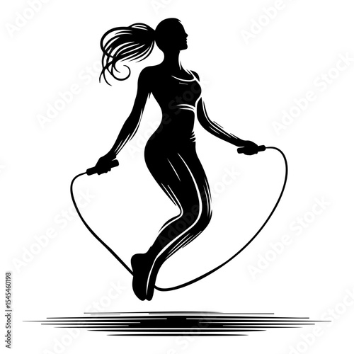 Black and white silhouette of a girl jumping rope on a white isolated background. Vector graphics. EPS.