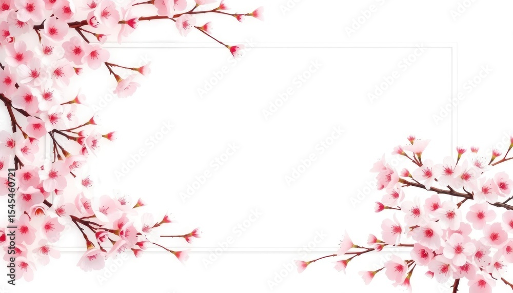Fototapeta premium Floral frame design with blooming cherry blossom branches and white border