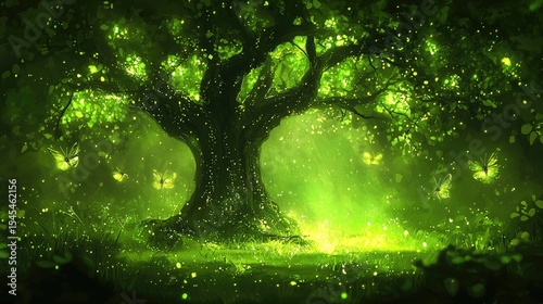 Enchanting glow of fireflies under a majestic oak tree in a lush green forest fantasy art dreamy landscape
