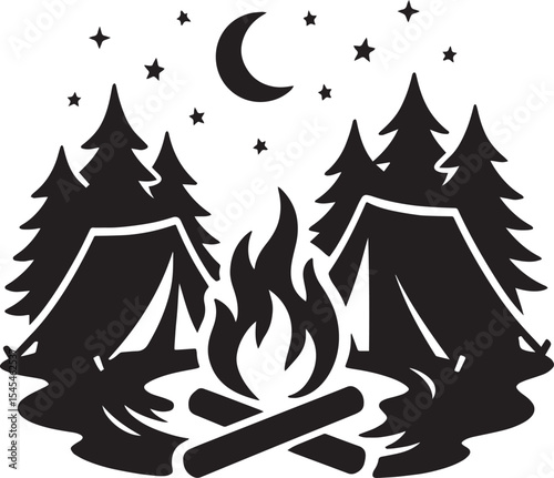 Night Camp Scene Silhouette with Fire, Tents, and Pine Trees,

Forest Camping Night – Black and White Silhouette Design,

Wilderness Campfire Under Moonlight – Vector Silhouette

