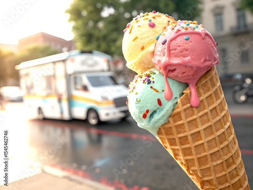 Close-up of an ice cream cone with ice cream truck background