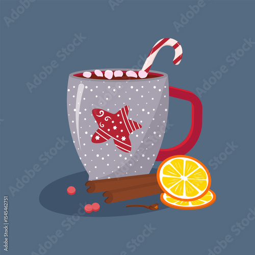 Christmas mug with decorative star. Cup of hot cocoa and marshmallows. New Year and Christmas. Orange slices, cloves, cinnamon and pink pepper. Vector illustration
