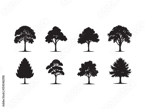 Vector illustration of silhouetted trees showing various tree types and shapes with black color