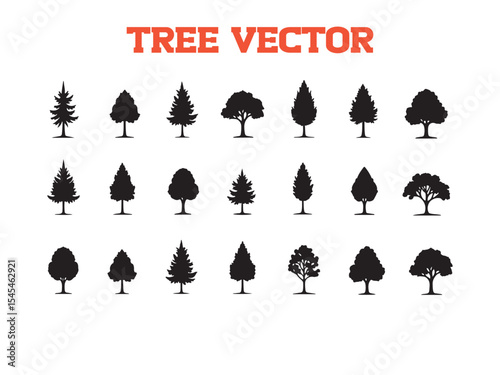 Vector illustration of twenty different silhouetted tree designs for graphic use and decoration