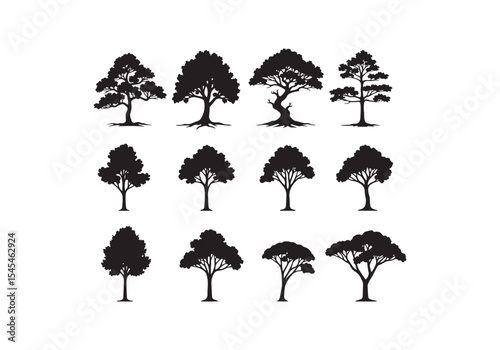 Vector illustration of various silhouetted trees perfect for nature and environmental design