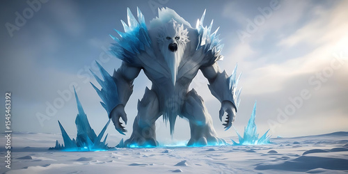 Frosty Giant with Sharp Crystals Standing in Snow
