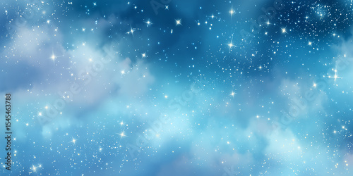 Magic night sky with shining stars and fluffy clouds background