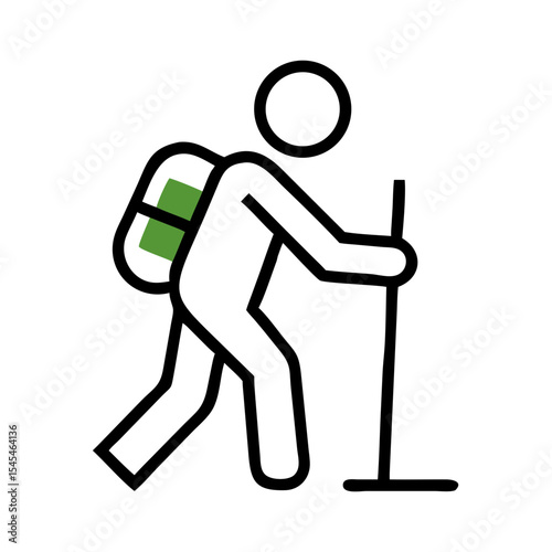 Minimalist icon of backpacker with walking stick on outdoor adventure
