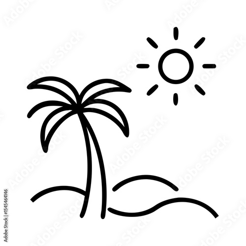 Palm tree on island with sun outline icon for tropical getaway