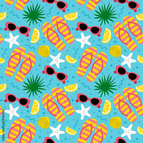 Seamless summer pattern with flip-flops, sunglasses, starfish, tropical leaves, seashells, and lemon slices on a blue sea-inspired background. Ideal for fabric, banners, cards, and digital prints.