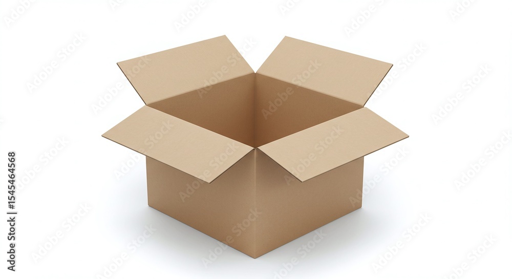 An open, empty cardboard box sits against a plain white background. An open, empty cardboard box sits against a plain white background.