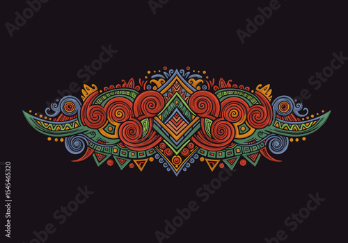 Colorful intricate mandala design with bold patterns on dark background  