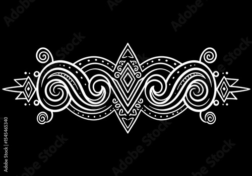 Ornamental tribal design with swirling patterns in black and white  