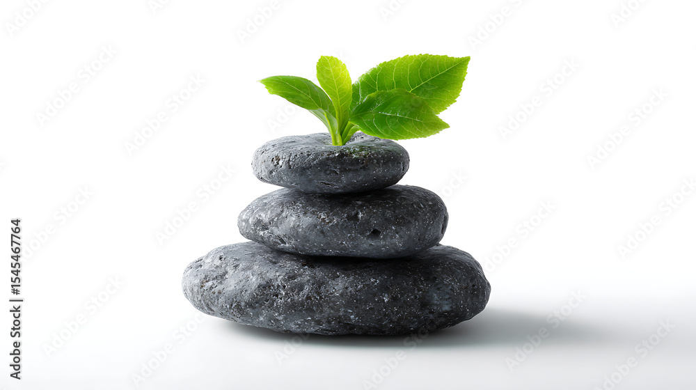 Obraz premium A zen stack of three dark stones with a small green plant growing out of the top stone on white background
